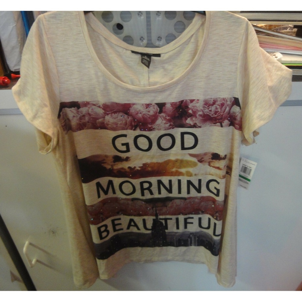 Style & Co womens L t-shirt GOOD MORNING BEAUTIFUL top NWT spring summer graphic
